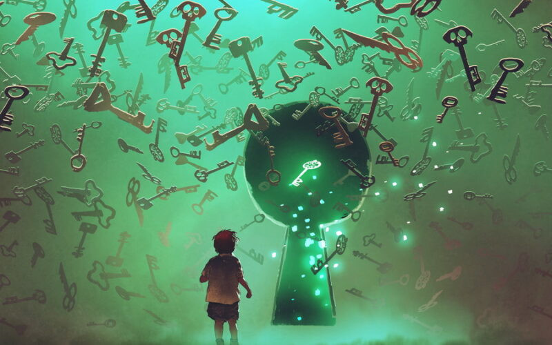 boy standing in front of large keyhole with small keys floating in the air with green smoke