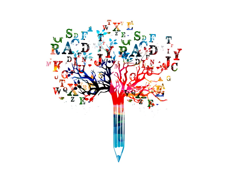 Colorful pencil tree vector illustration with font letters