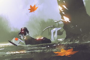 young girl laying on grass reading a book in park with maple leaves falling, digital art style, illustration painting
