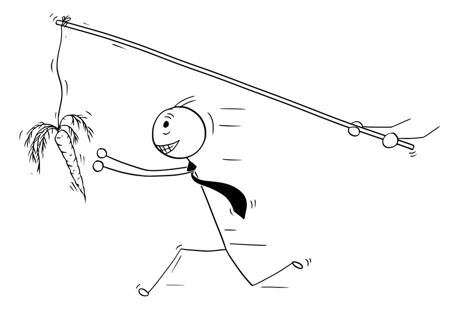 Cartoon stick man drawing conceptual illustration of businessman pursue or chase after carrot illusion or delusion of money. Business concept of greed.