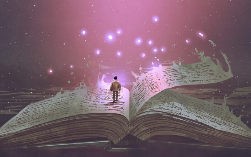 Boy standing on the opened giant book with fantasy light, digital art style, illustration painting