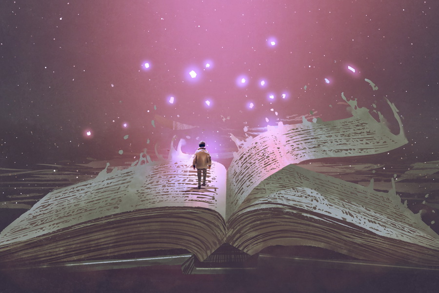 Boy standing on the opened giant book with fantasy light, digital art style, illustration painting