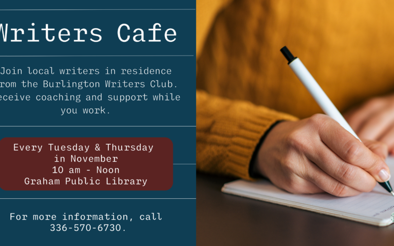 Join local writers from teh Burlington Writesr Club. Receive coaching and support while you work.